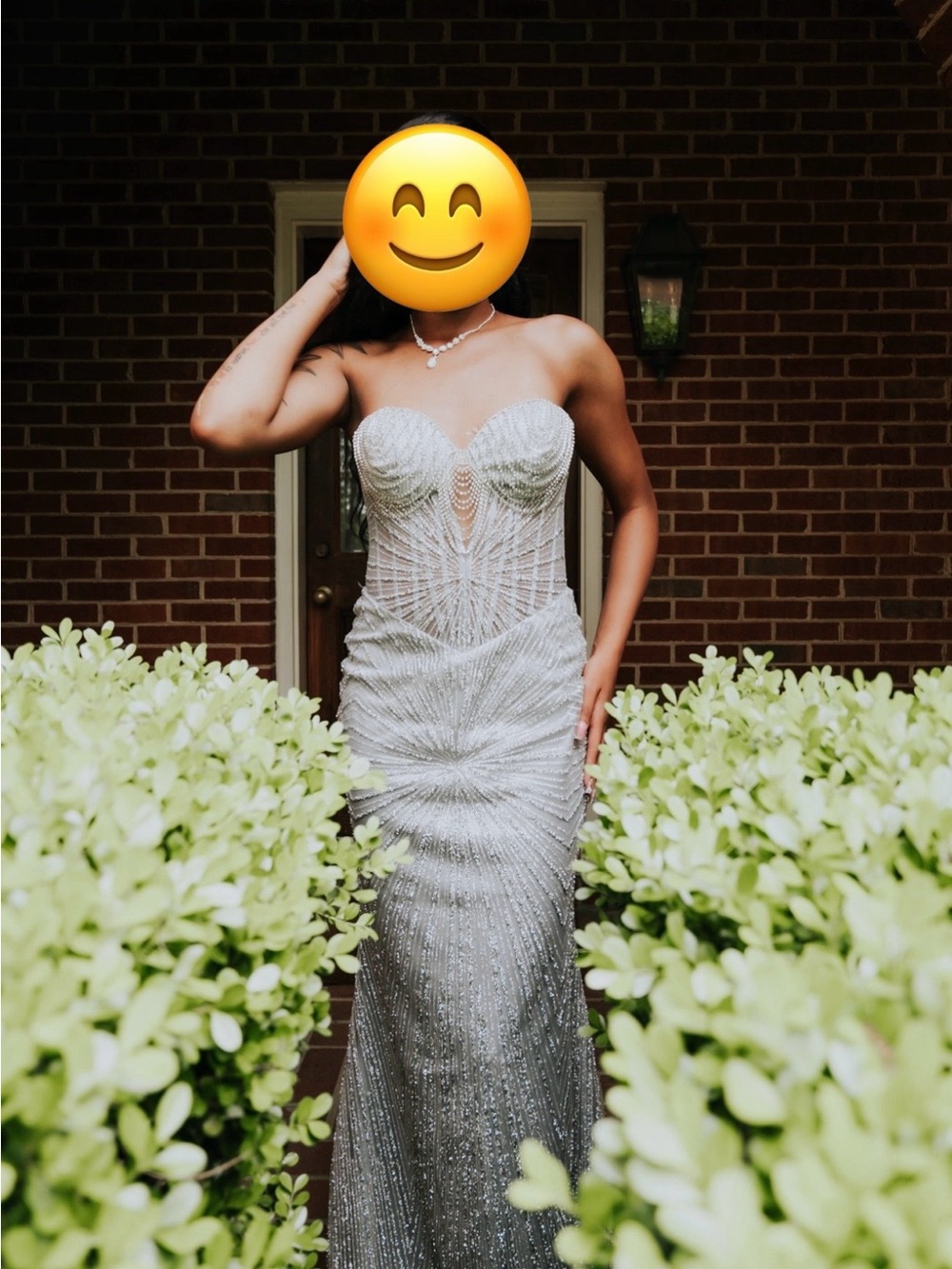 Strapless Silver Beaded Evening Gown